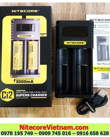 Nitecore Ci2 _Máy sạc 02 Pin cổng USB (Sạc pin Li-ion 3.7v-4.2v, NiMh 1.2v AA, AAA, 18650,14500, 16340, 21700, 26650,v,v...)